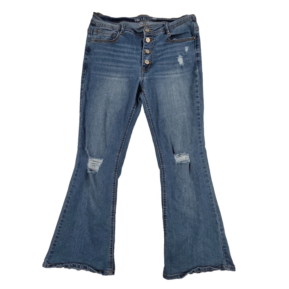 Wallflower Flirty Curvy High Rise Button Fly Flare Denim Distressed Faded Jeans